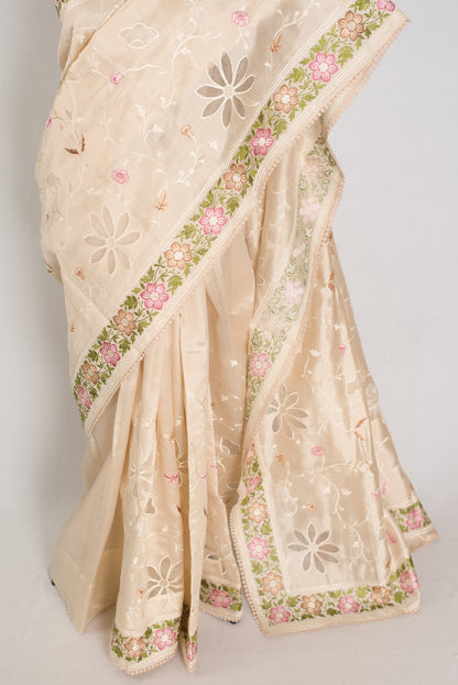 Shreya: Cream Semi Tussar Silk Saree with Multi-Color Cut Work Embroidery image 5