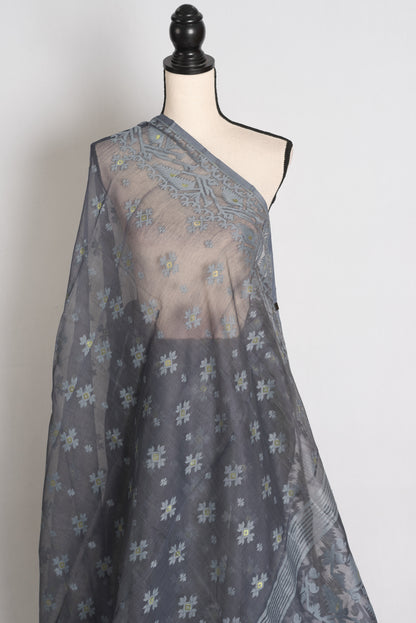 Aman : Cloud Grey Soft Blended Cotton Bengali Jamdani Saree image 4