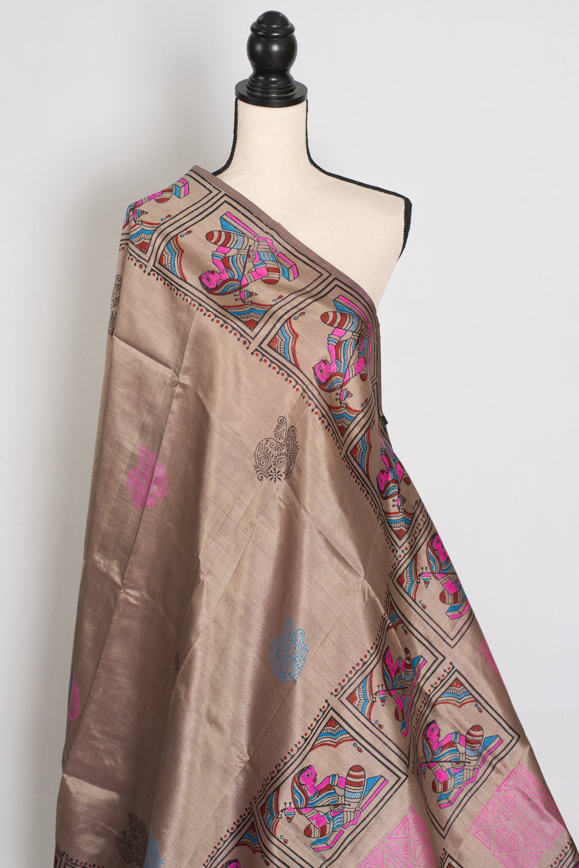 Ria | Ash Brown Hand Block Printed Bishnupur Silk Saree | 40 Size Blouse image 7