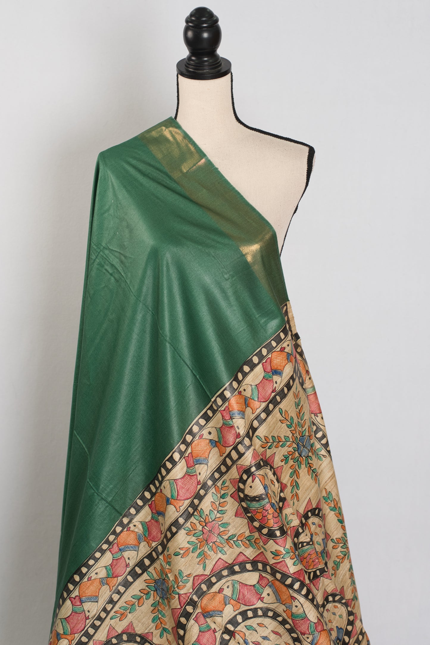 Bina : Dark Green Staple Tussar Saree | Hand-Painted Madhubani Pallu image 4
