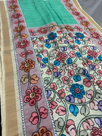 Lia | Sea Green & Off-White Semi Tussar Silk Saree | Floral Kalamkari Print image 4