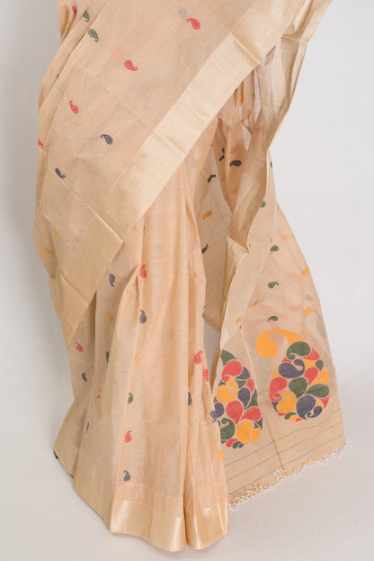 Sandhya | Handwoven Bengal Cotton Jamdani Saree with Tussar Silk Border image 4
