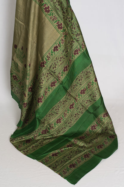 Shyamoli : Olive Green Hand Block Printed Murshidabad Pure Silk Saree image 3