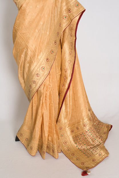 Benu : Beige and Gold Dola Silk Banarasi Saree with Hand-Embroidered Work image 6
