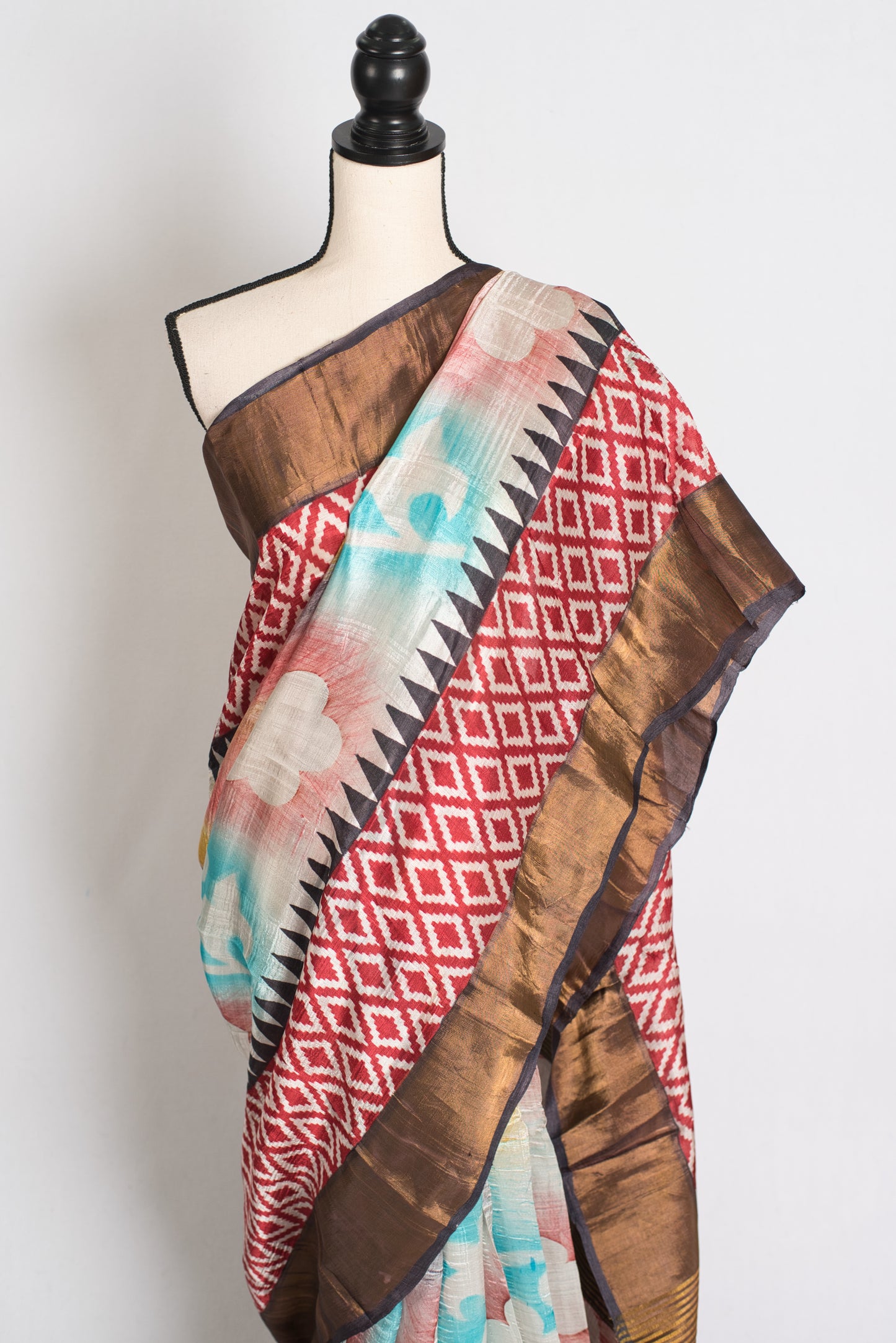 Mrinal : Hand Block Printed Matka by Tussar Silk Saree with Shibori Ikkat Print image 5