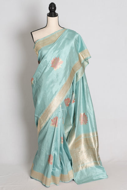 Sitara: Powder Blue Banarasi Silk Saree with 42 Stitched Blouse image 0