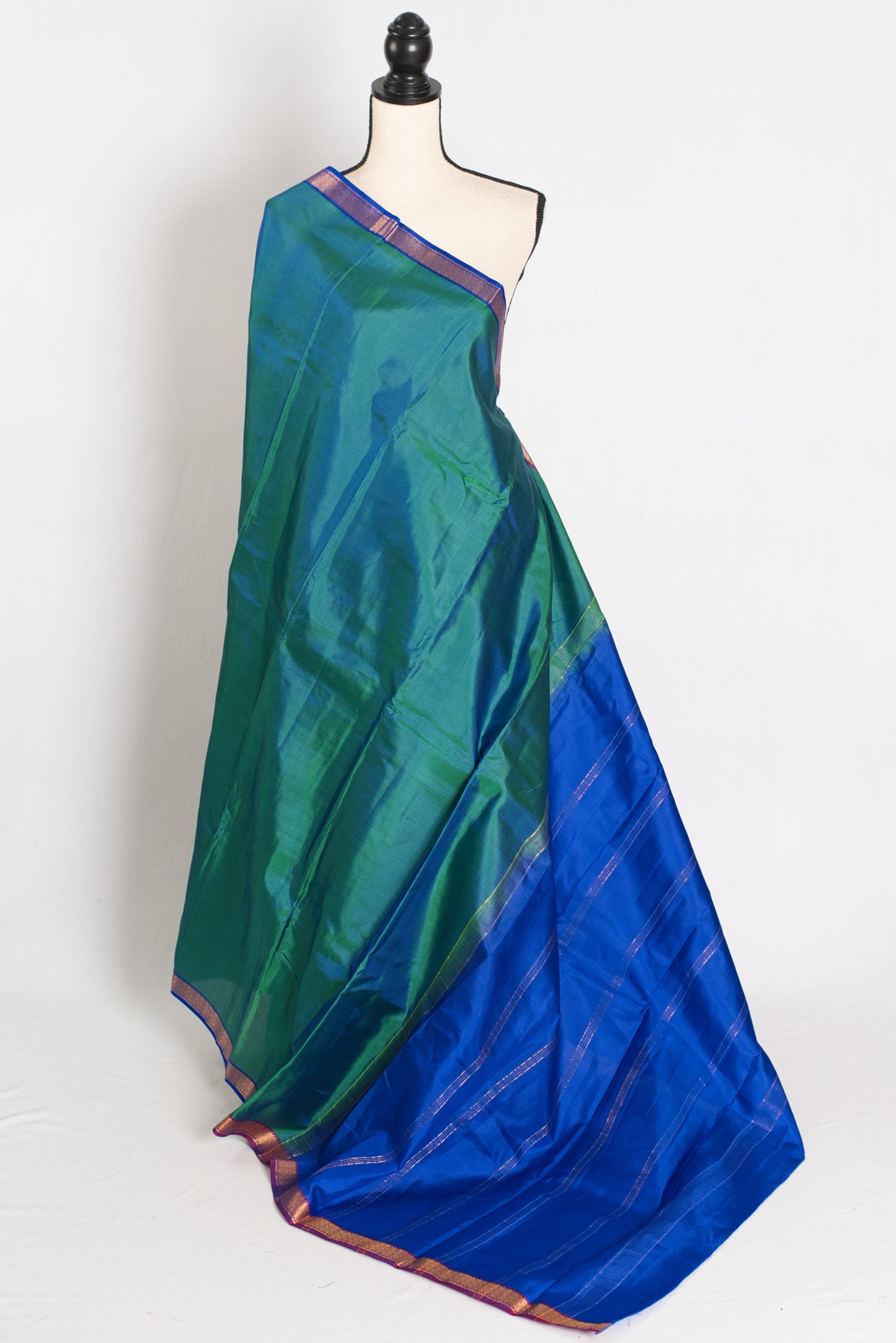 Rini: Peacock Green and Blue Kanjivaram Silk Saree with Small Gold Border image 1