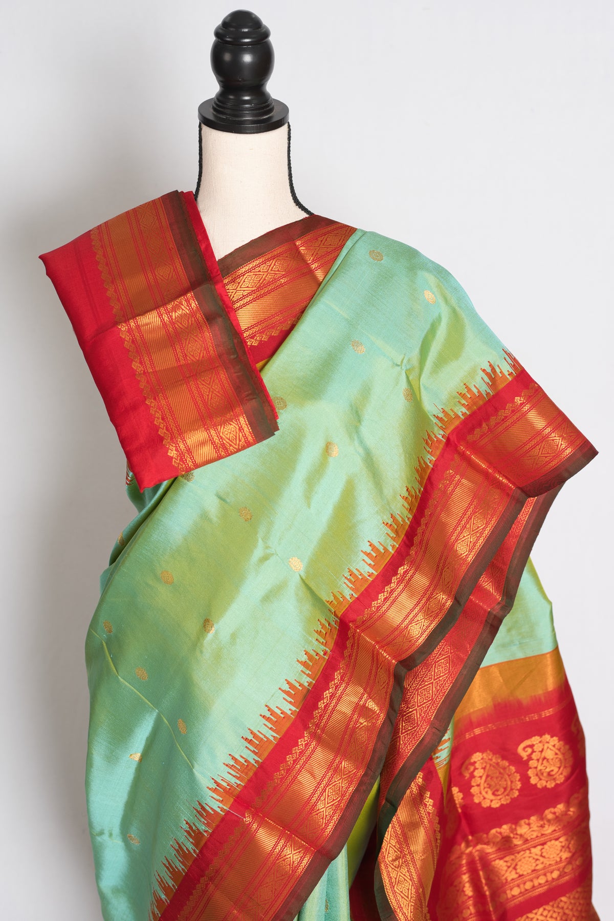 Girija : Sea Green and Red Handwoven Pure Gadwal Silk Saree image 2