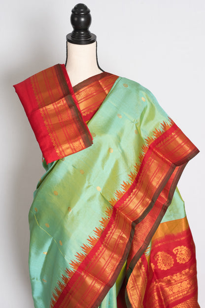 Girija : Sea Green and Red Handwoven Pure Gadwal Silk Saree image 2