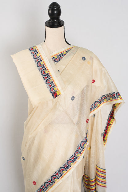Moni: Cream & Black Bengal Tussar Silk Saree | Small Border Design image 2