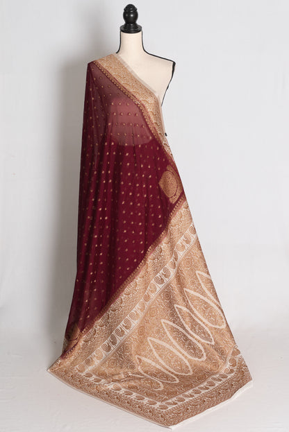 Savita: Maroon Semi Georgette Banarasi Saree with White Border image 1