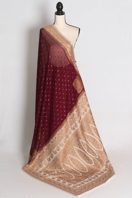 Savita: Maroon Semi Georgette Banarasi Saree with White Border image 1