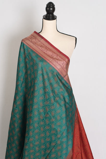 Barnali : Budget Friendly Green and Red Jamawar Banarasi Saree in Blended Silk image 3