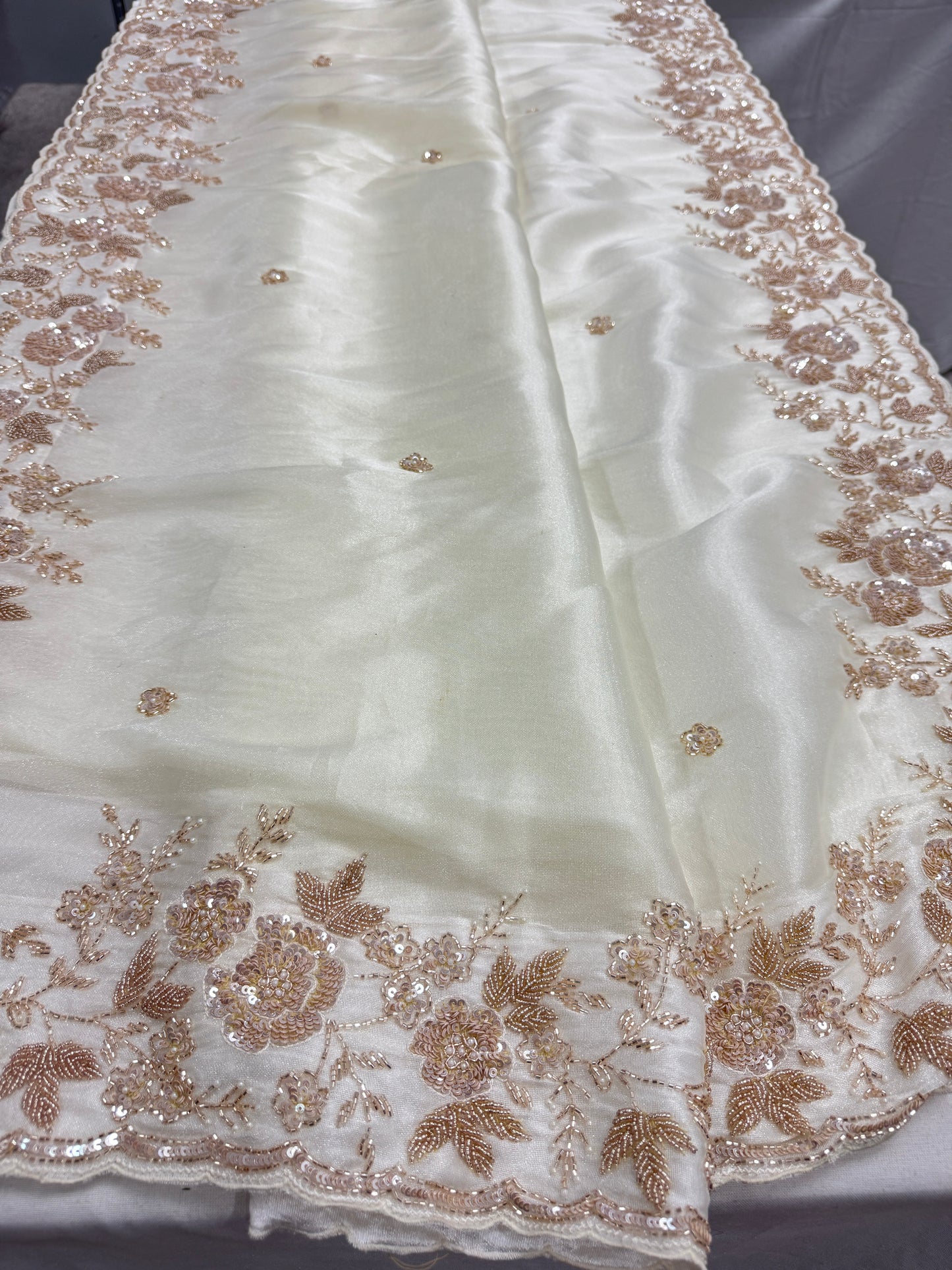 Reeva: Cream & Gold Hand Embroidered Tissue Saree | Wedding Wear image 6
