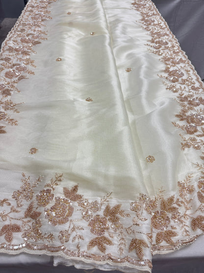 Reeva: Cream & Gold Hand Embroidered Tissue Saree | Wedding Wear image 6