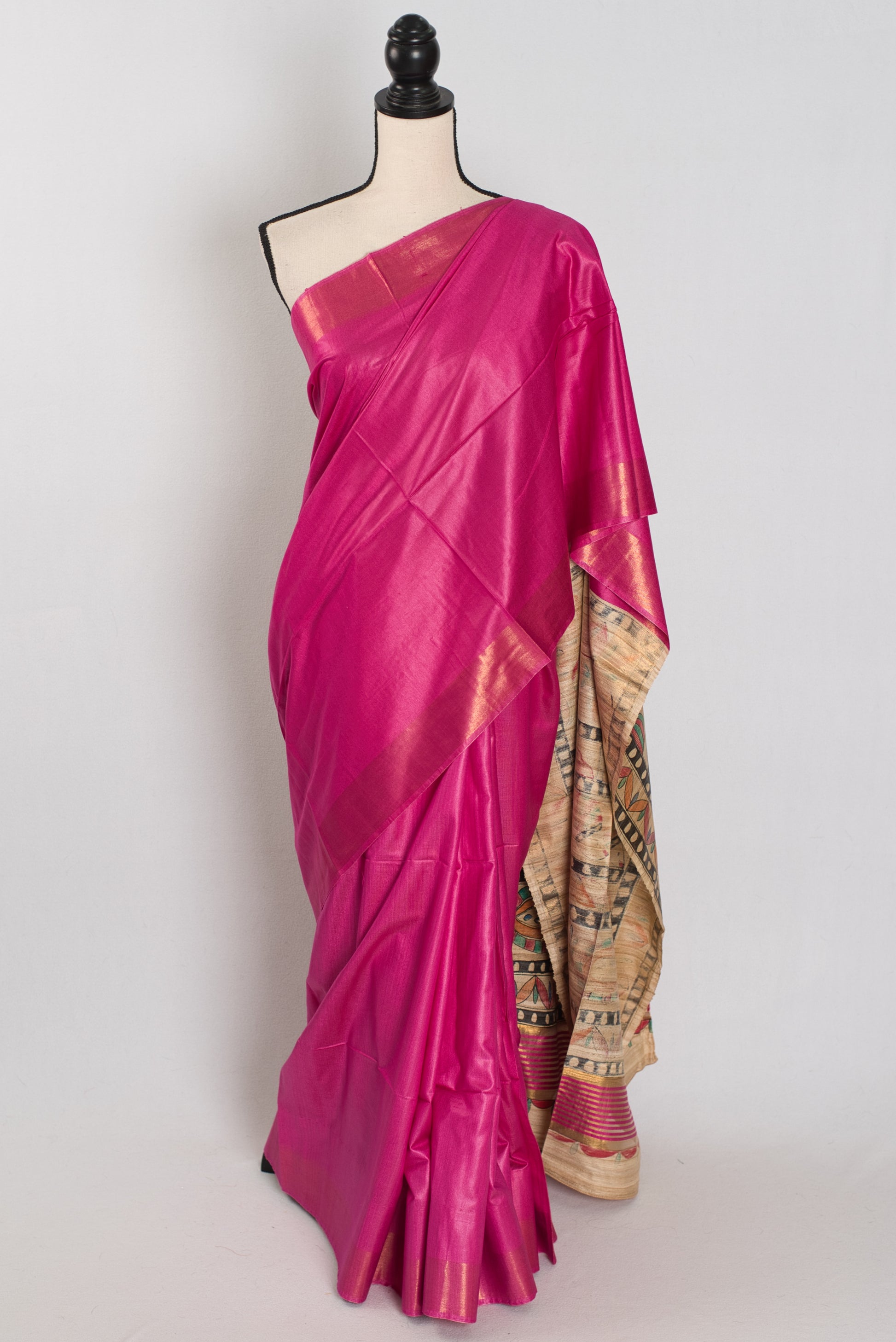 Tithi: Rani Pink Staple Tussar Saree | Hand-Painted Madhubani Pallu image 0