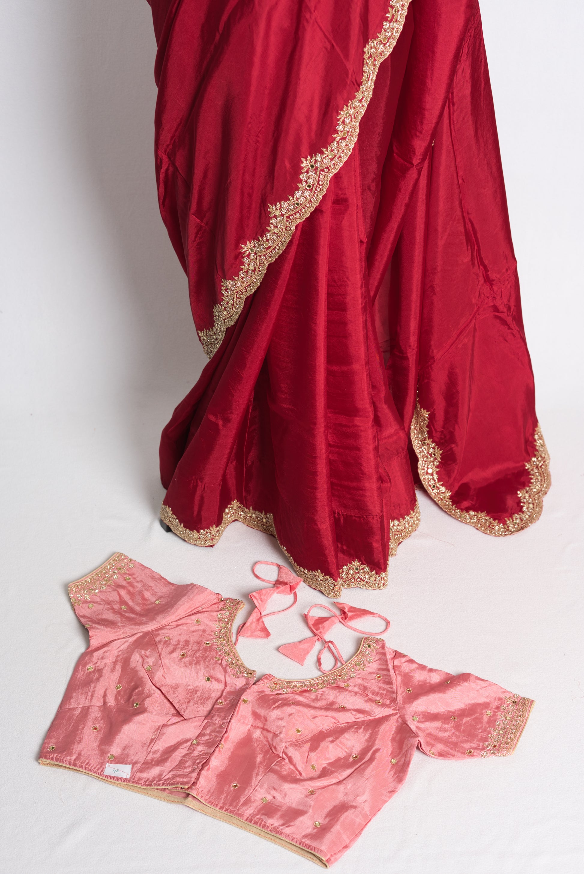Hand Embroidery Designer Satin Saree in Red with 40 Size Blouse image 2