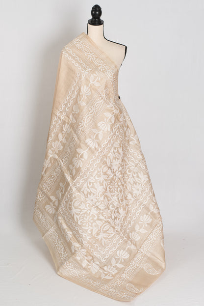 Dyuti : Silk Mark Certified Hand Embroidery Tussar Silk Saree in Beige and White image 1