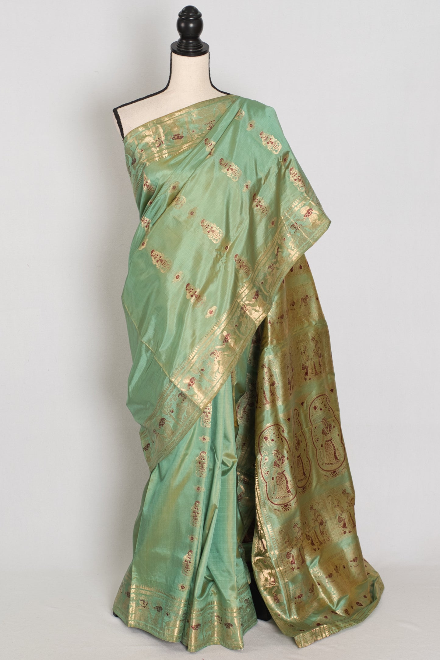 Vibha | Pastel Sea Green Handwoven Minakari Swarnachari Saree | 40 Size Blouse image 0