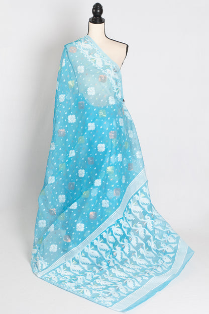 Nila : Sky Blue and White Blended Soft Cotton Jamdani Bengali Saree image 1