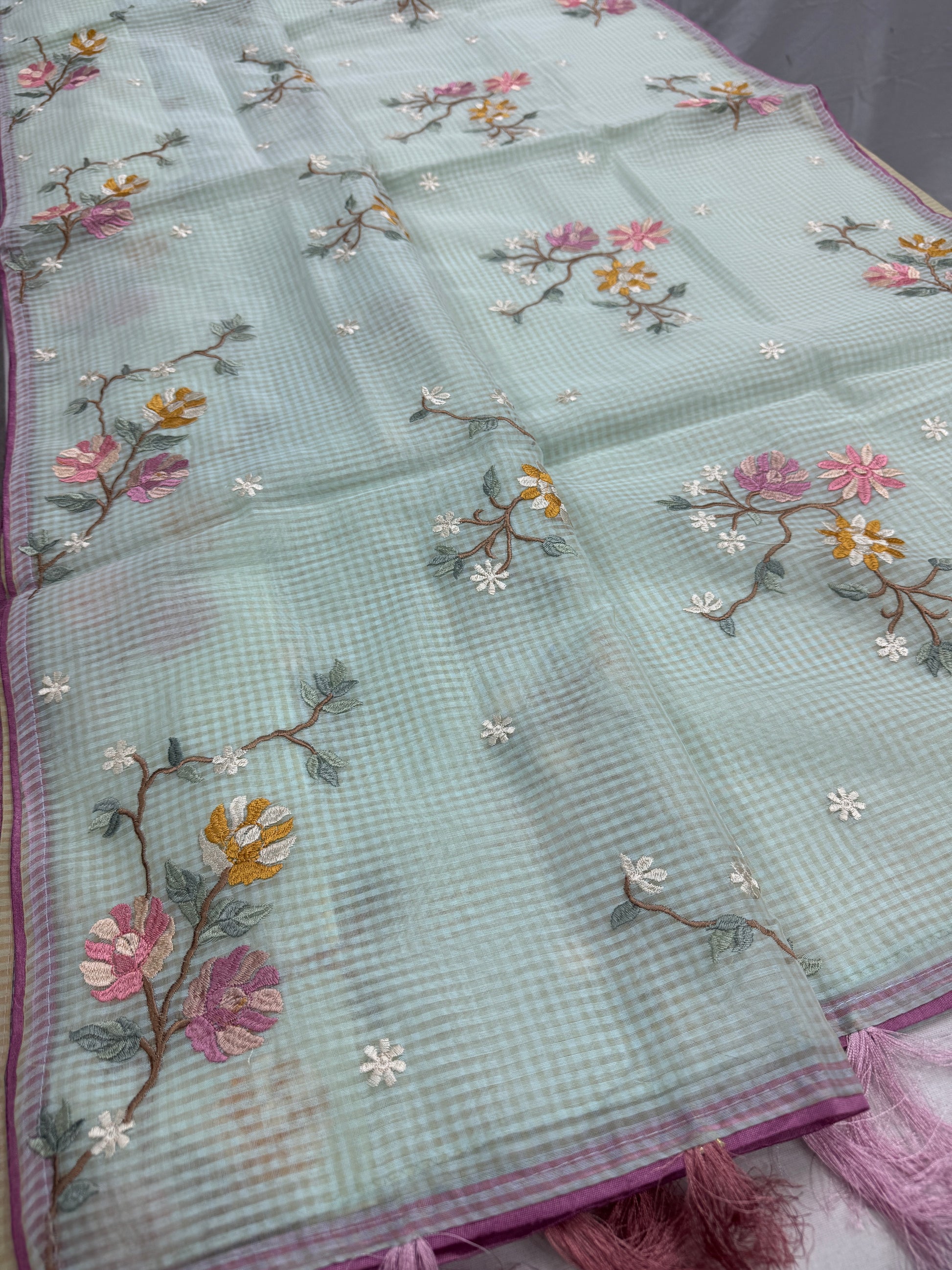 Damini | Sea Green Floral Embroidery Blended Cotton Kota Saree image 6