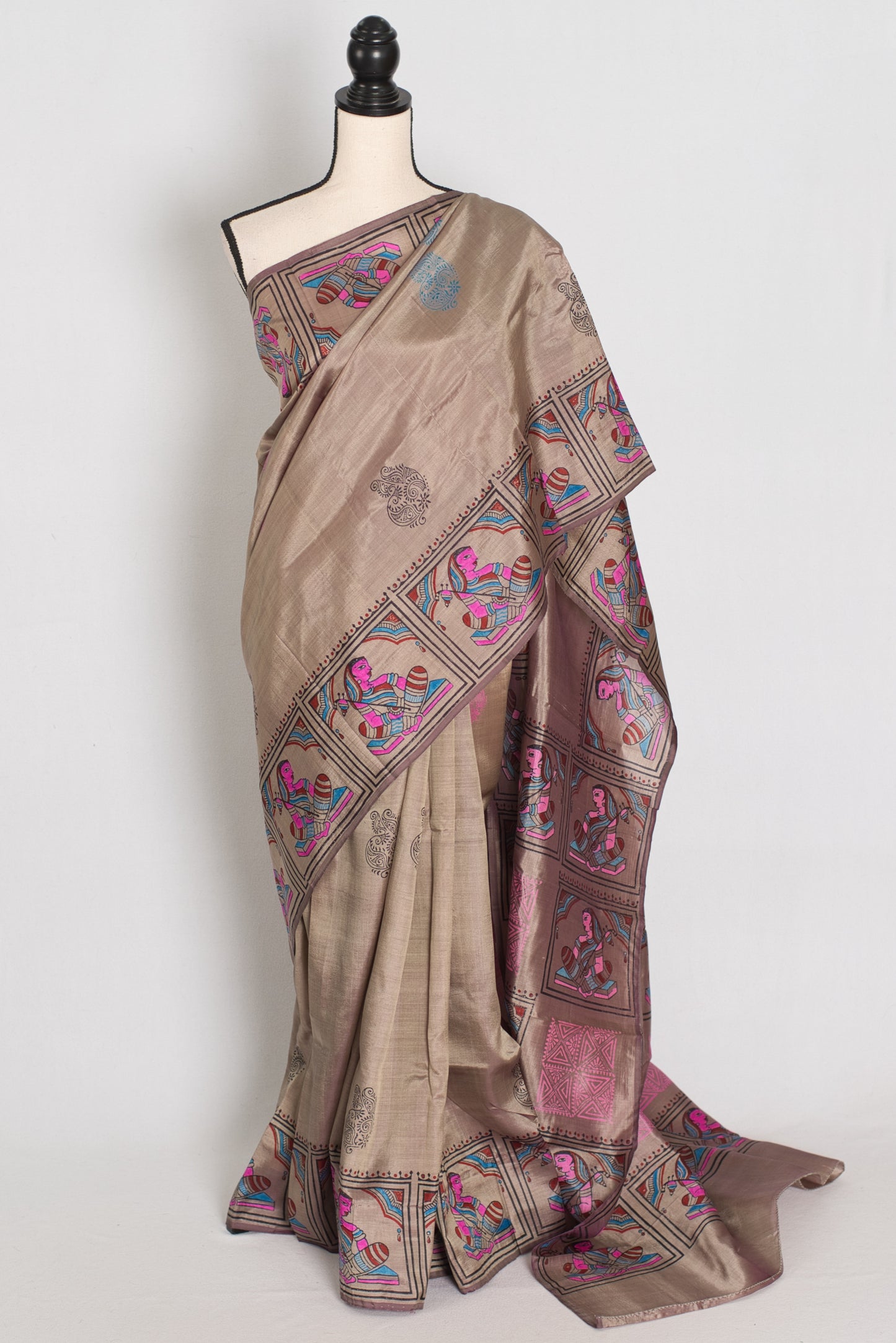 Ria | Ash Brown Hand Block Printed Bishnupur Silk Saree | 40 Size Blouse image 0