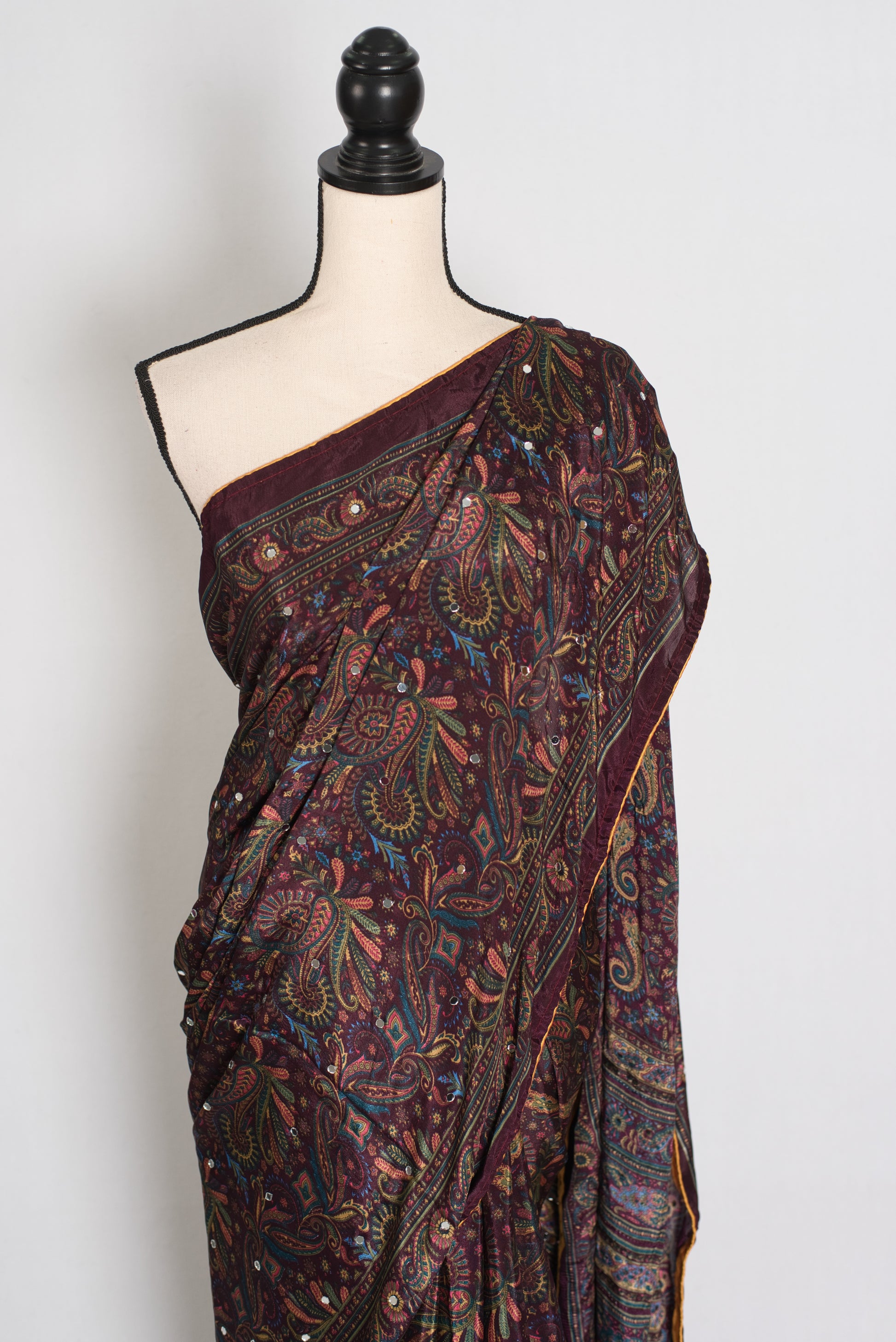 Nirja | Purple Kalamkari Printed Mirror Work Saree | Soft Semi Modal Silk image 6