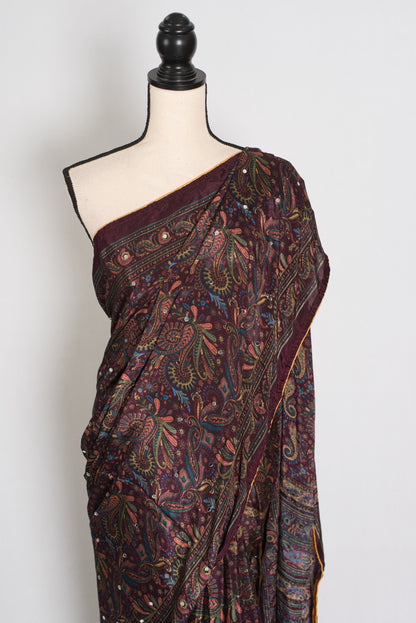 Nirja | Purple Kalamkari Printed Mirror Work Saree | Soft Semi Modal Silk image 6