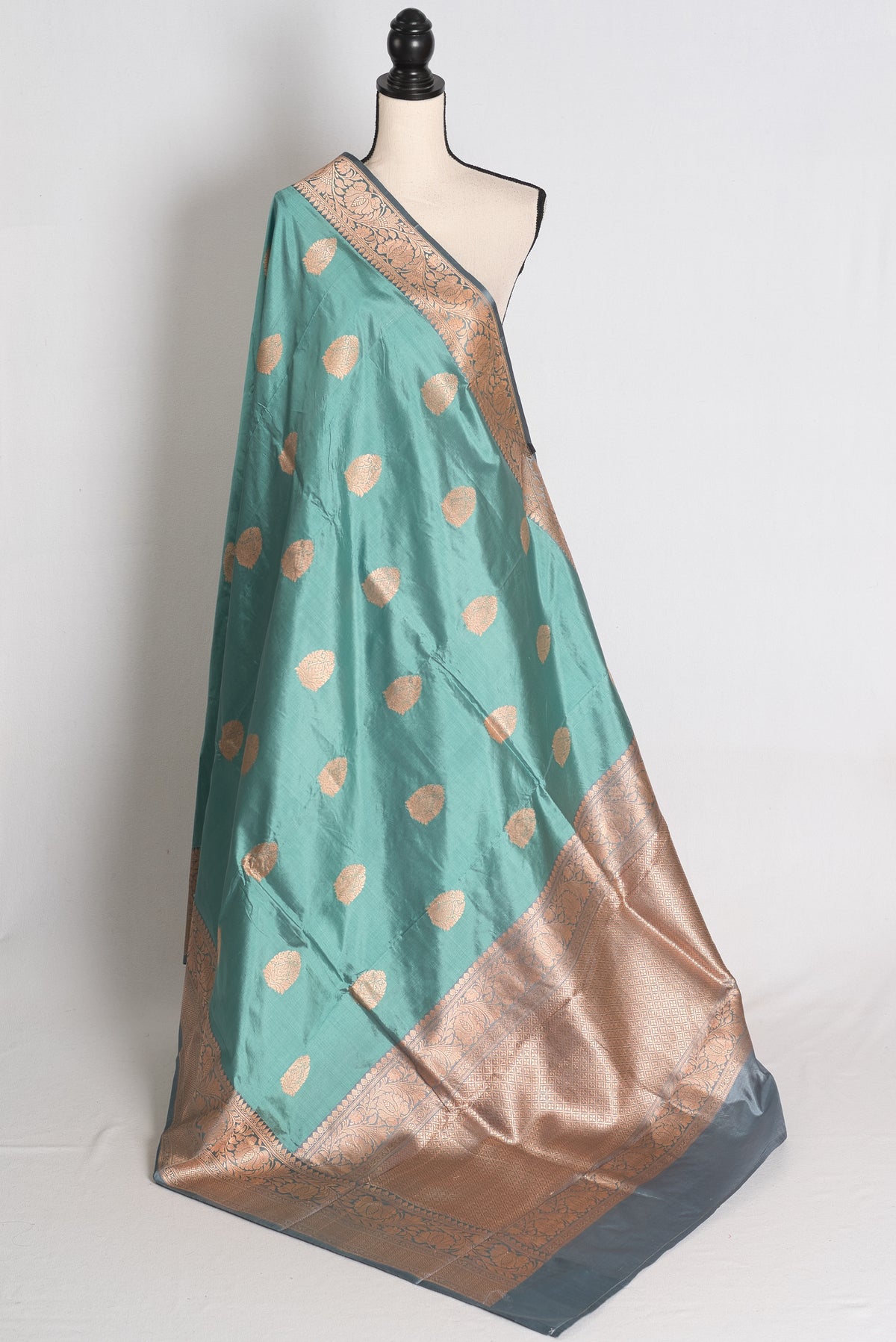 Uma: Pastel Green and Grey Banarasi Silk Saree with Blouse Piece image 1