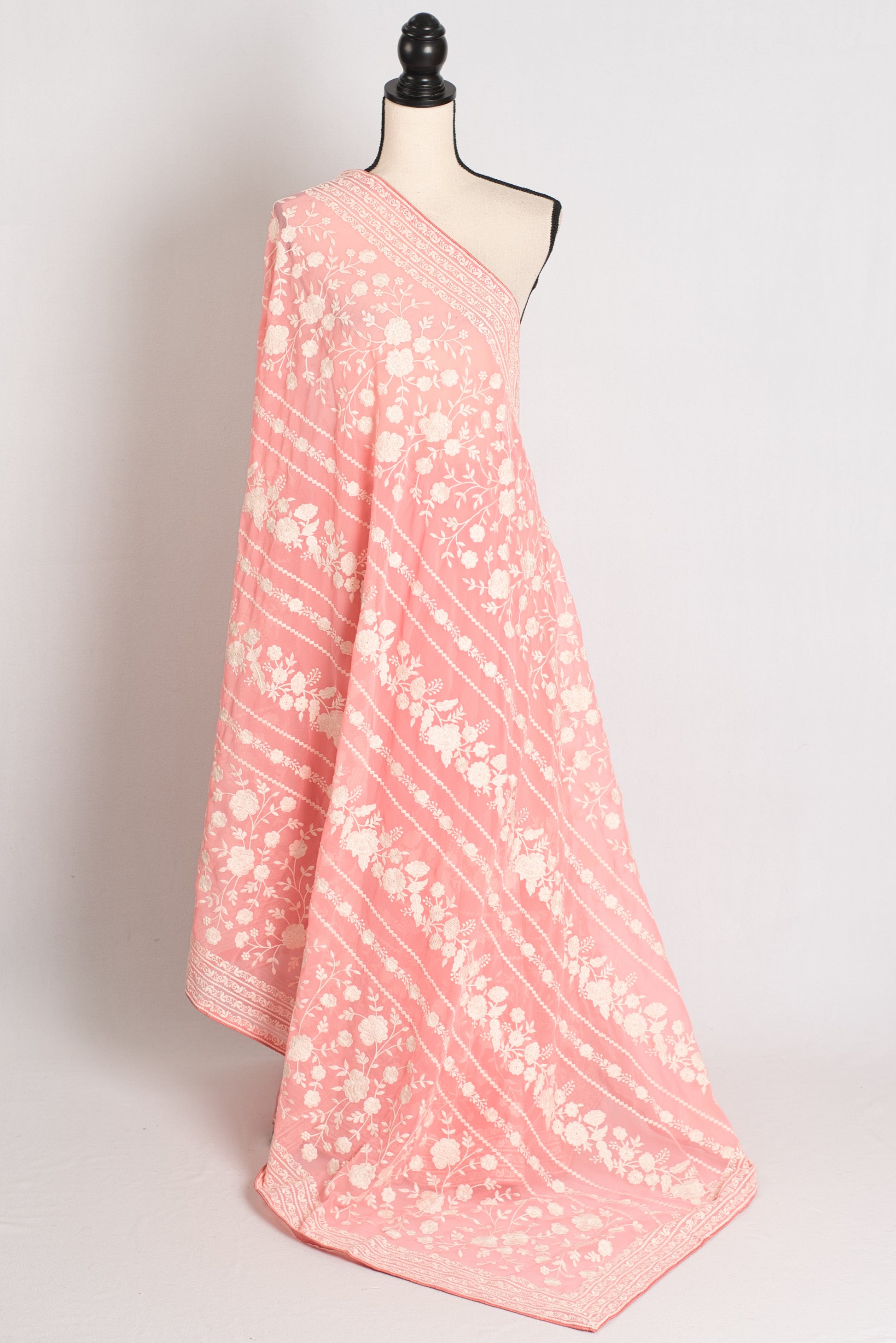 Samira : Peach and White Georgette Embroidered Partywear Saree image 1