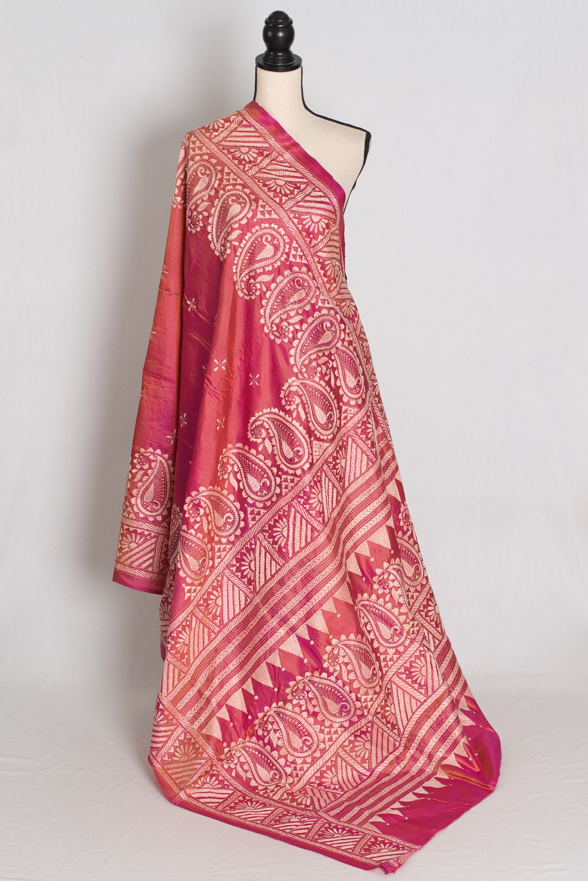 Mitra : Coral Pink Hand Embroidered Kantha Stitch Pure Bangalore Silk Saree image 1