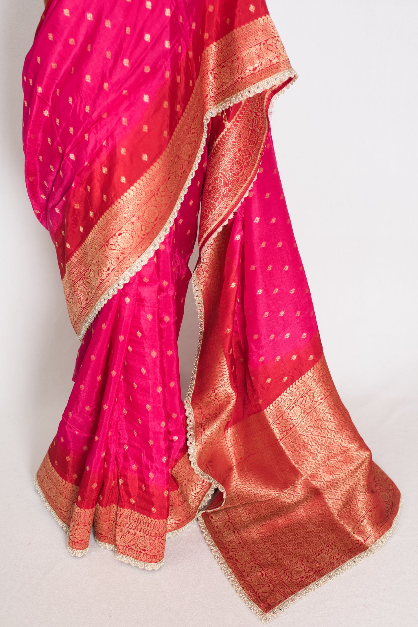 Harini | Pink & Red Dola Silk Banarasi Saree | Designer Stitched Lace Border image 5