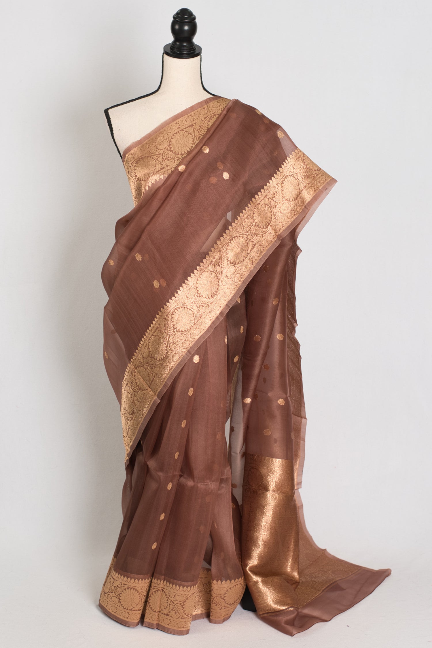 Bimala : Silk Mark Certified Brown and Gold Kora Organza Banarasi Saree image 0