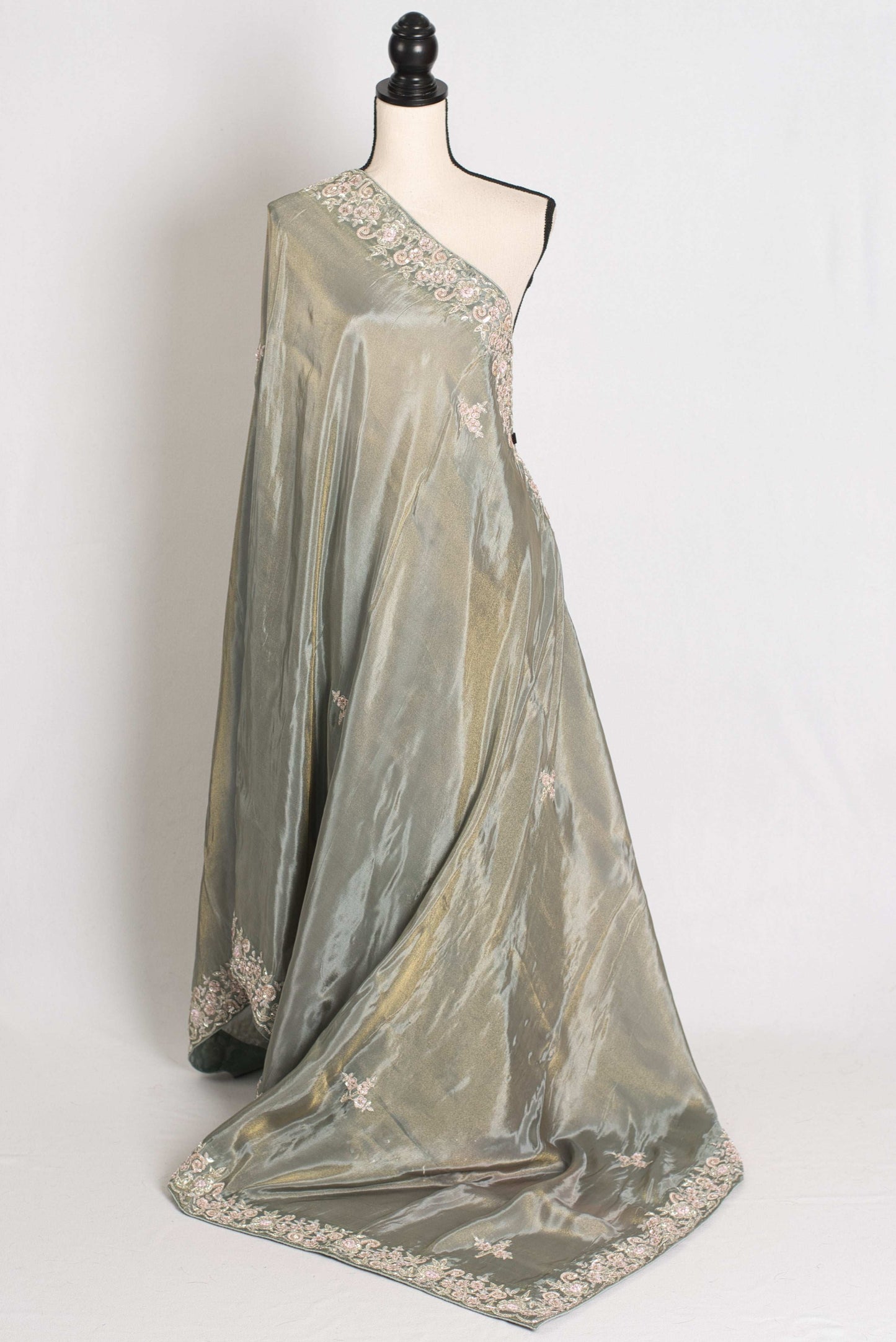 Fariha : Sage Green Hand Embroidered Zardozi Soft Organza Party Wear Saree image 1