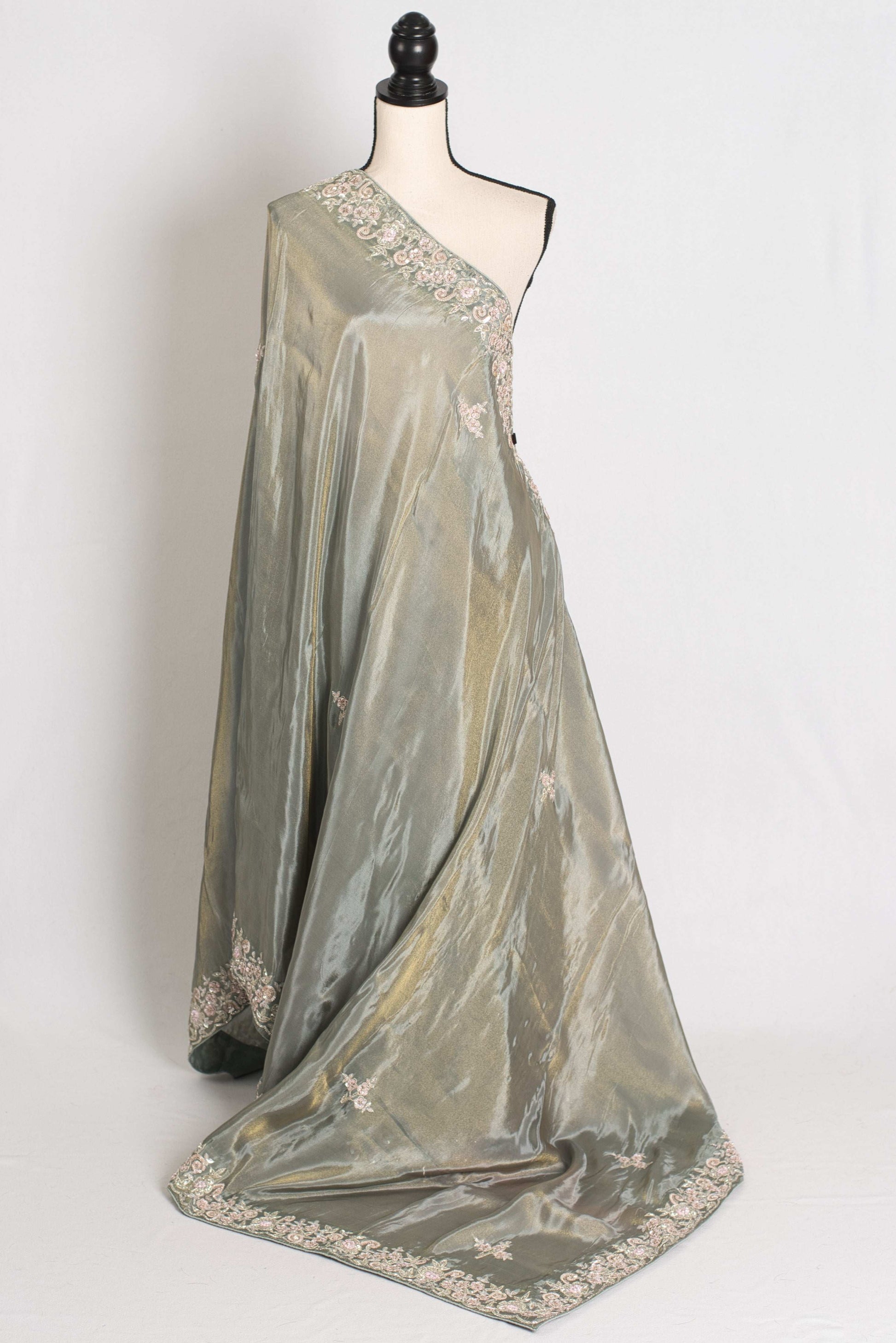 Fariha : Sage Green Hand Embroidered Zardozi Soft Organza Party Wear Saree image 1