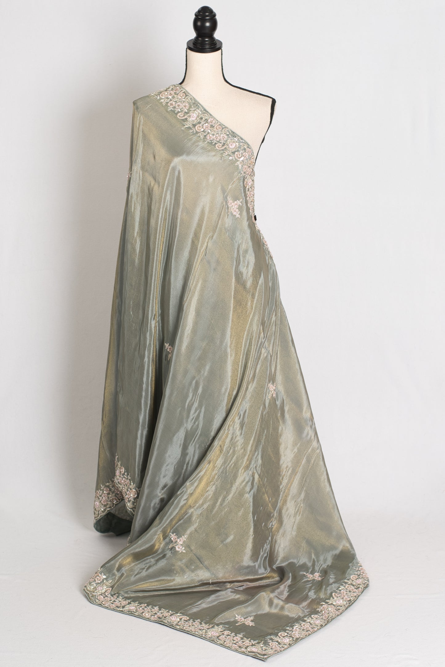 Fariha : Sage Green Hand Embroidered Zardozi Soft Organza Party Wear Saree image 1