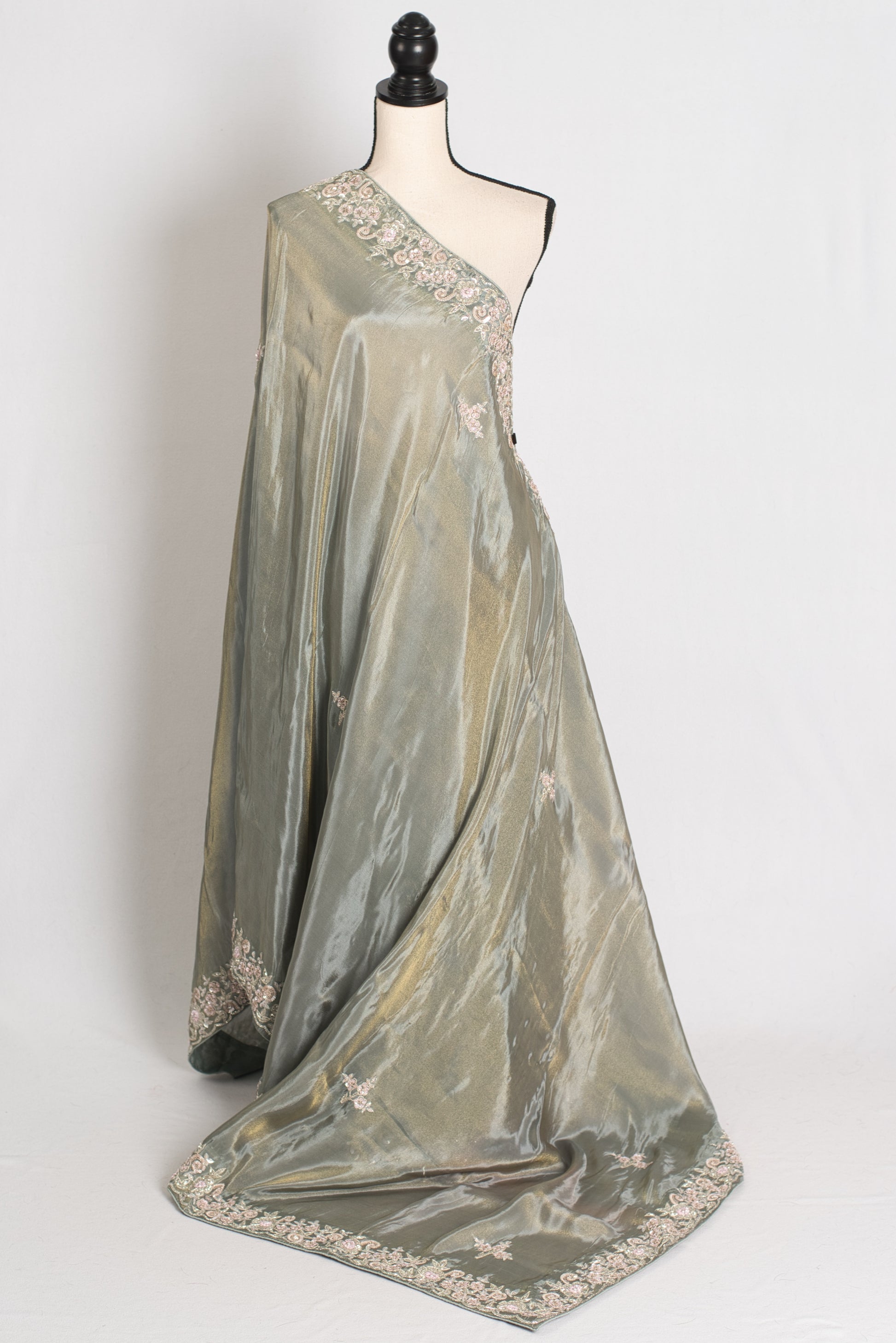 Fariha : Sage Green Hand Embroidered Zardozi Soft Organza Party Wear Saree image 1