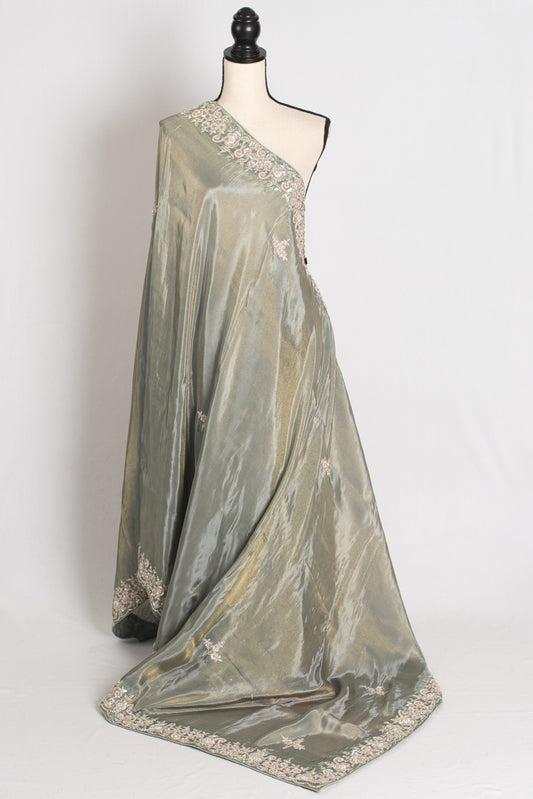Fariha : Sage Green Hand Embroidered Zardozi Soft Organza Party Wear Saree image 1