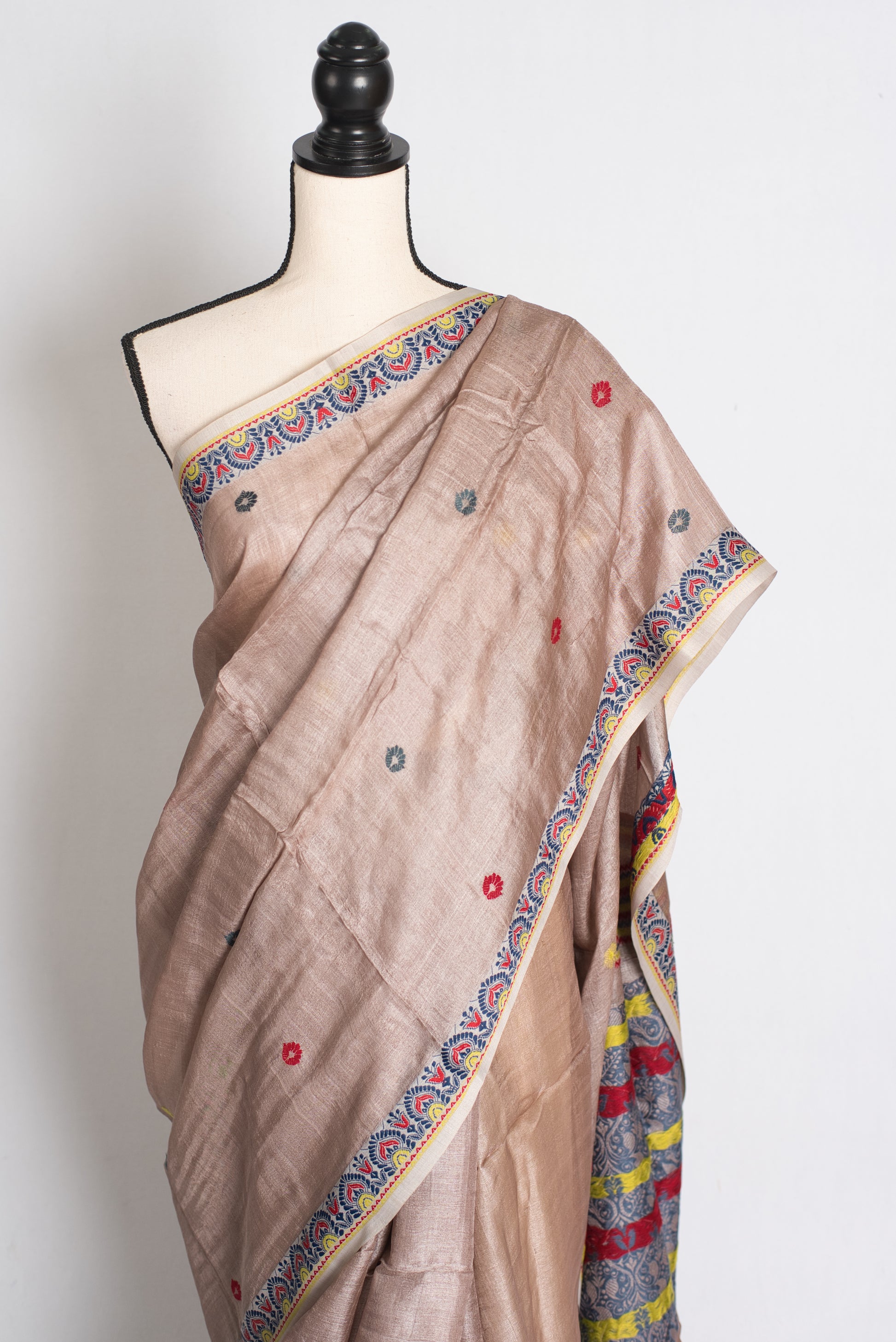 Charulata : Bengal Tussar Silk Saree in English Brown with Multicolour Buti image 5