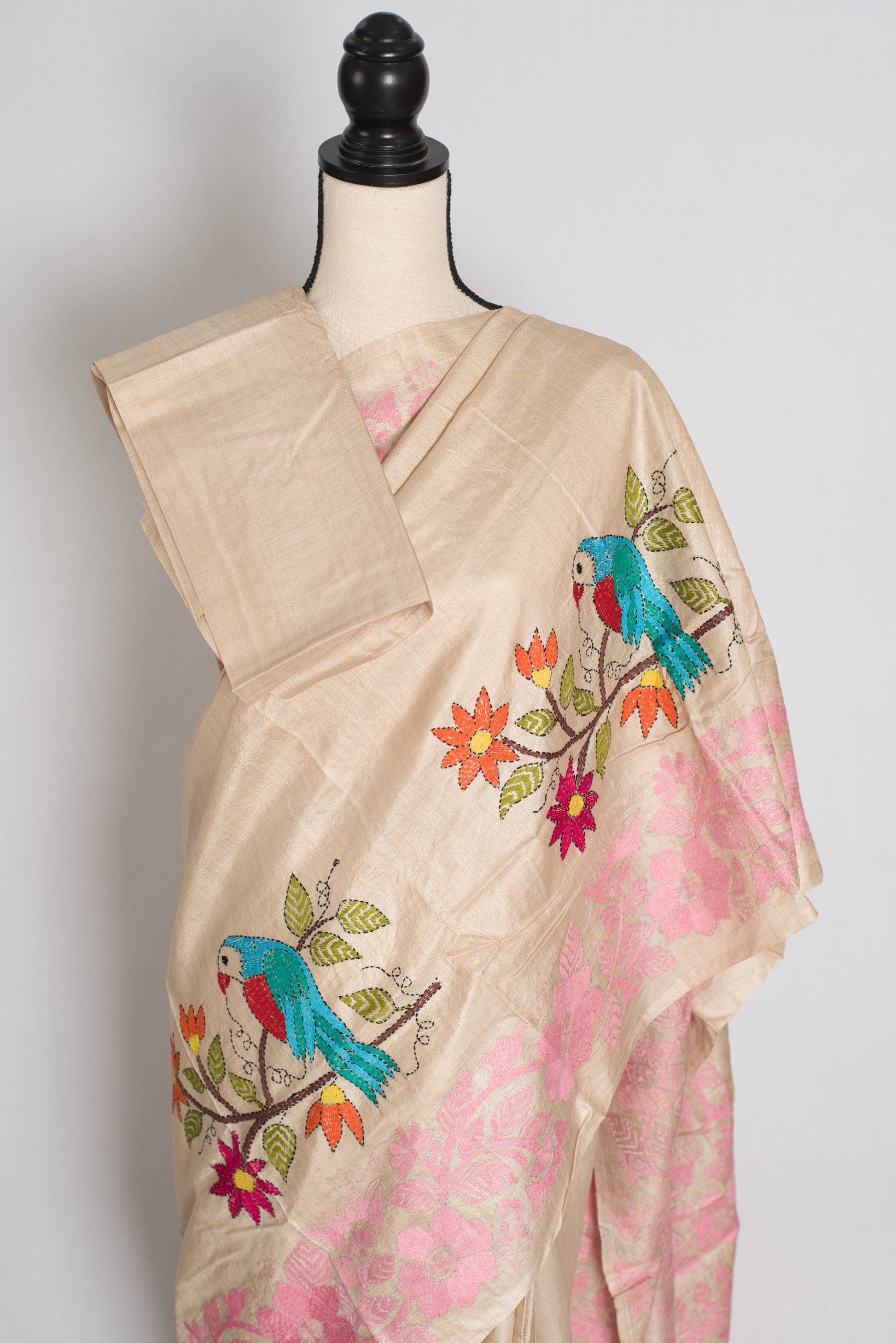 Moi : Premium Gachi Tussar Hand Embroidered Kantha Stitch Saree image 2