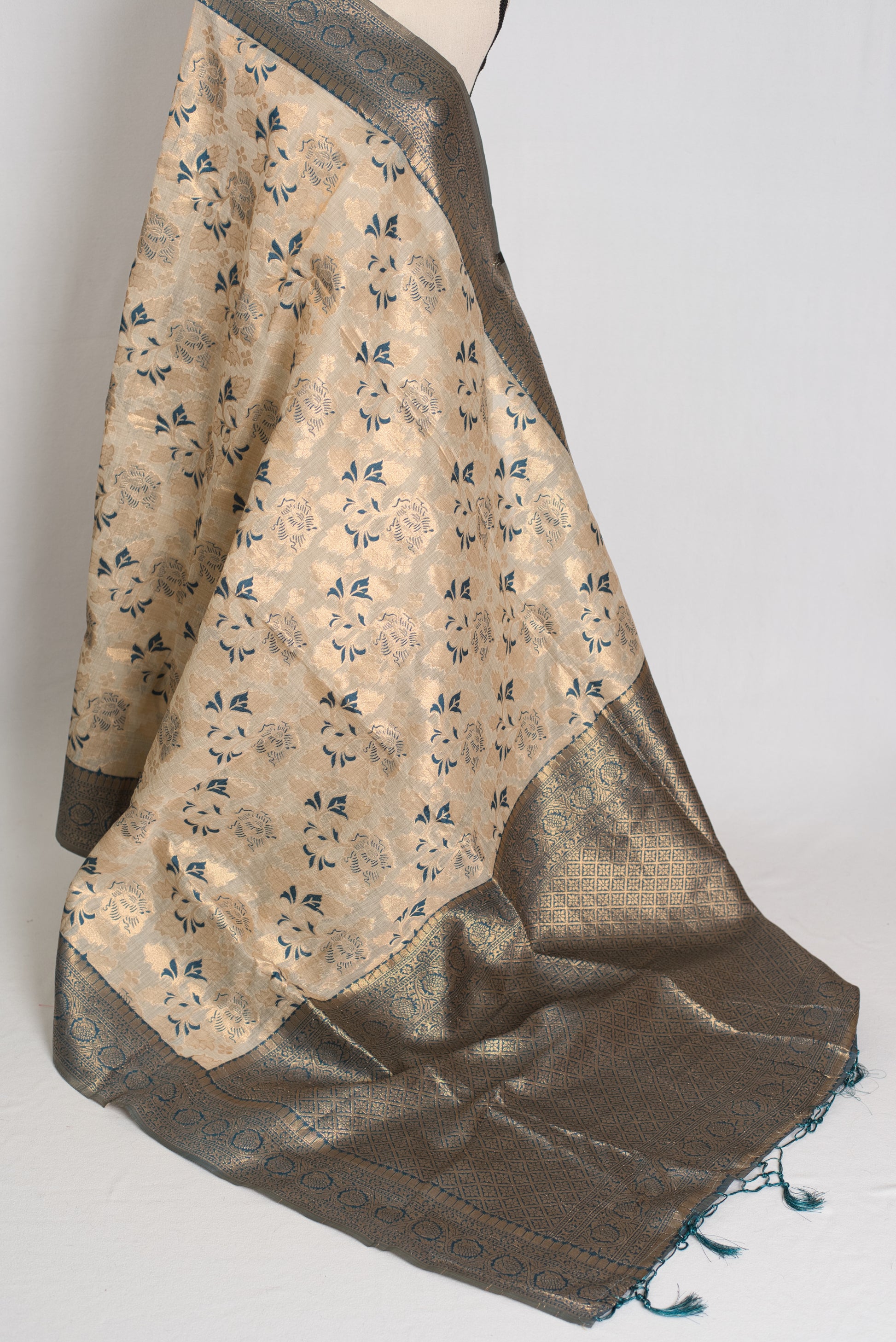 Jamini: Budget Friendly Blended Cotton Banarasi Saree in Beige and Blue image 3