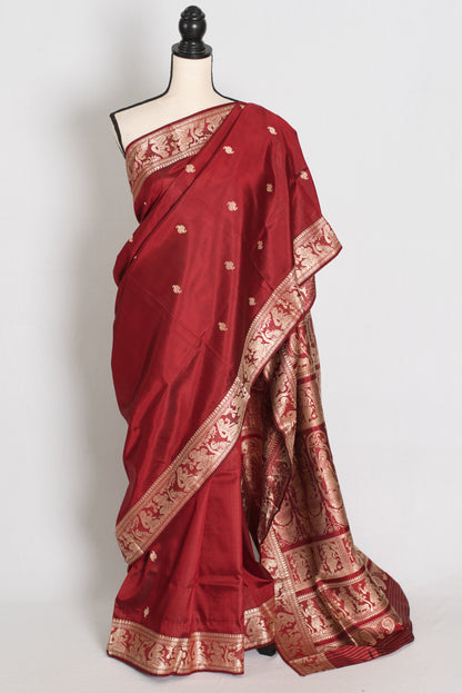 Pritha | Royal Maroon and Cream Handwoven Baluchari Pure Silk Saree image 0