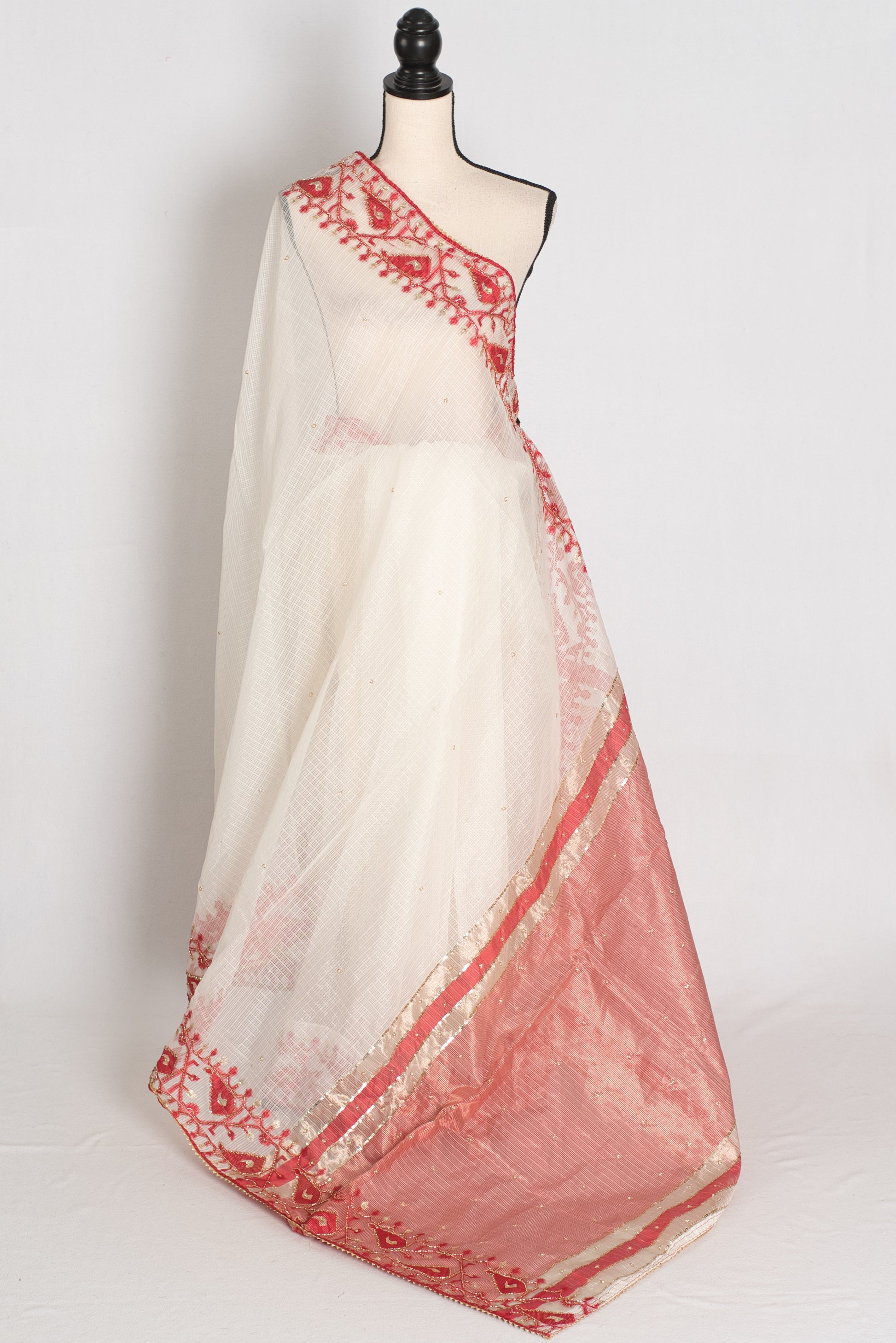 Mandar : Traditional White & Red Blended Kota Silk Jamdani Saree image 1