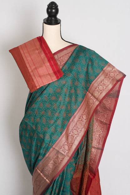 Barnali : Budget Friendly Green and Red Jamawar Banarasi Saree in Blended Silk image 2