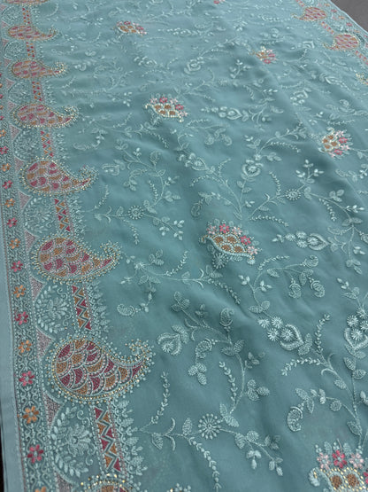 Sudha | Soft Blue Georgette Partywear Saree | Soothing Pastel Floral Embroidery image 5