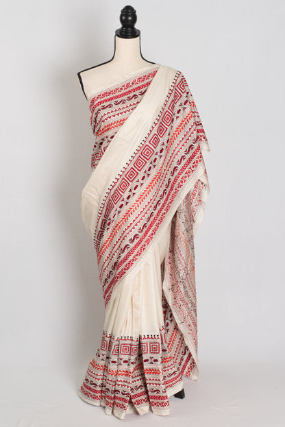 Snigdha: Silk Mark Certified Hand Embroidery Kantha Silk Saree in Off White image 0