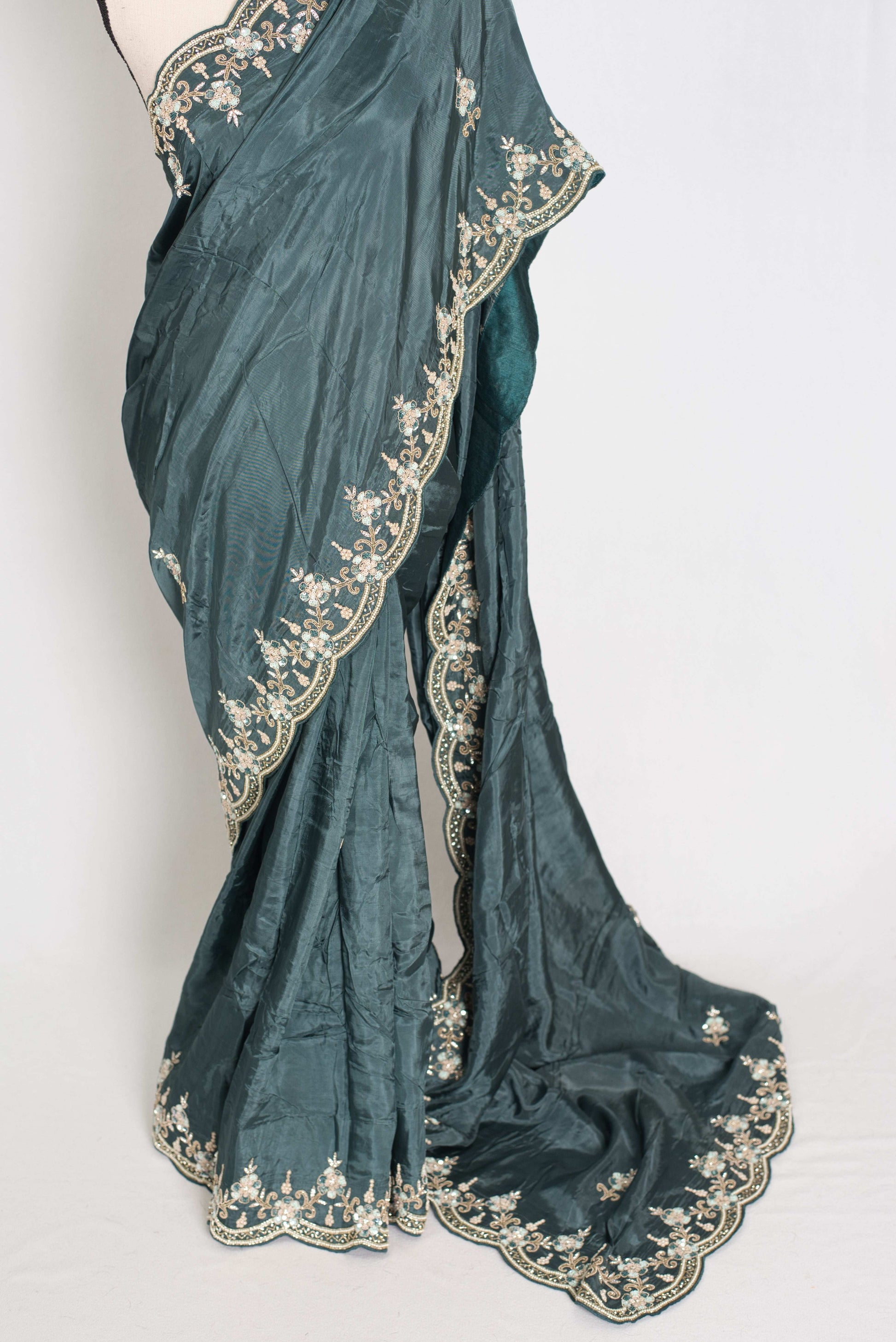 Zaina : English Green Hand Embroidered Zardozi Party Wear Saree image 5