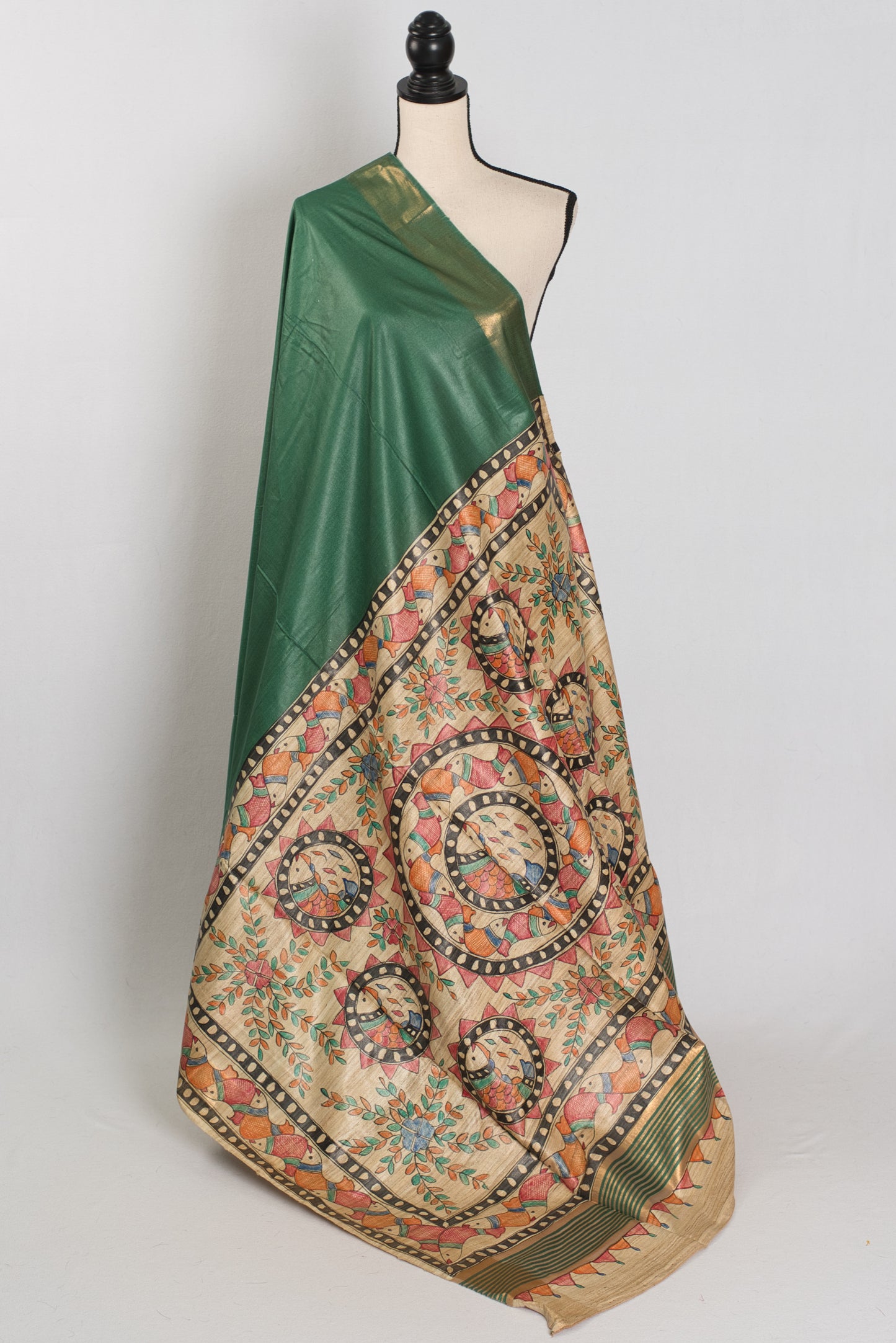Bina : Dark Green Staple Tussar Saree | Hand-Painted Madhubani Pallu image 1