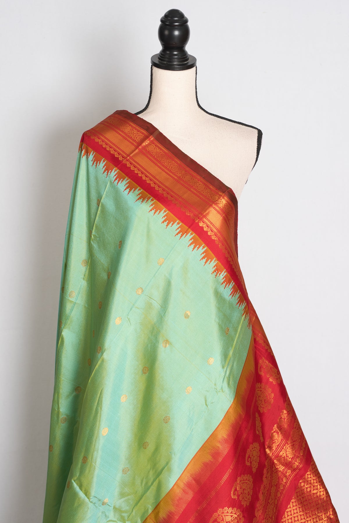 Girija : Sea Green and Red Handwoven Pure Gadwal Silk Saree image 4
