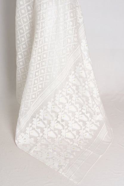 Shweta : Pure White and White Soft Blended Cotton Bengali Jamdani Saree image 3